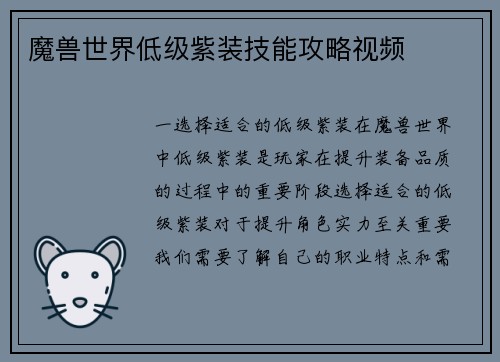 魔兽世界低级紫装技能攻略视频